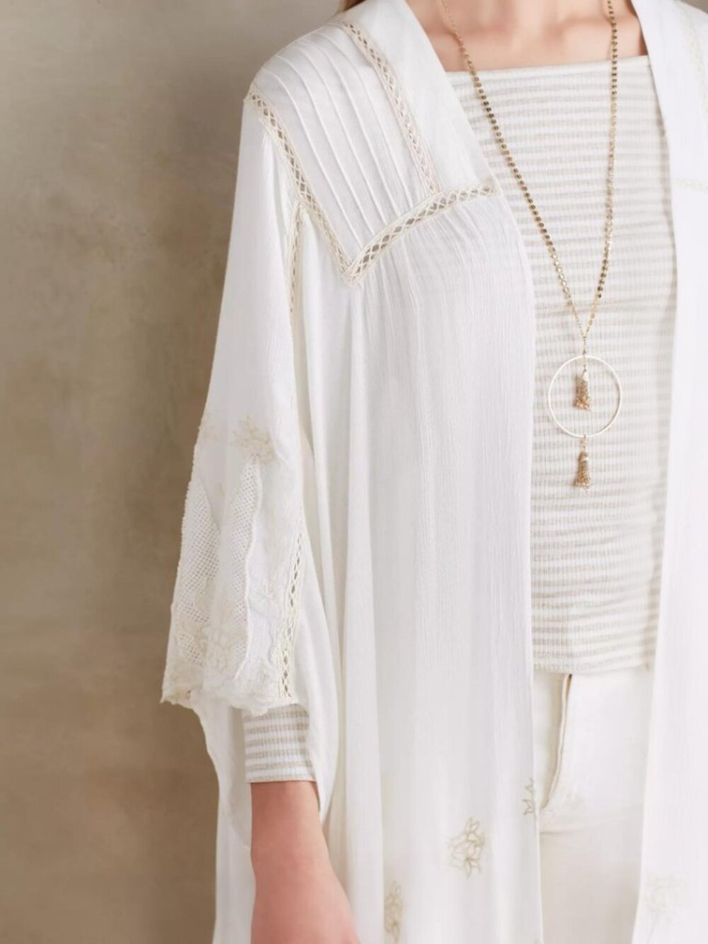 Anthropologie Elevenses Boho Embroidered Vivonne Kimono Cardigan Cream Free Size